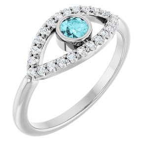 14K White Gold Natural Blue Zircon & Natural White Sapphire Evil Eye Ring