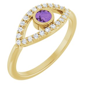 14K Yellow Gold Natural Amethyst & Natural White Sapphire Evil Eye Ring