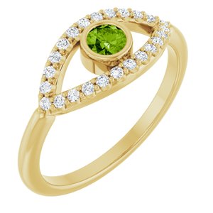 14K Yellow Gold Natural Peridot & Natural White Sapphire Evil Eye Ring