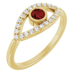 14K Yellow Gold Natural Mozambique Garnet & Natural White Sapphire Evil Eye Ring