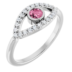 Sterling Silver Natural Pink Tourmaline & Natural White Sapphire Evil Eye Ring