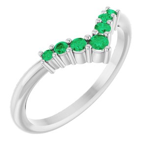 14K White Gold Natural Emerald Graduated V Ring