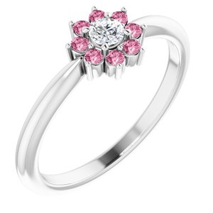 14K White Gold Natural Pink Tourmaline & .06 CT Natural Diamond Flower Ring