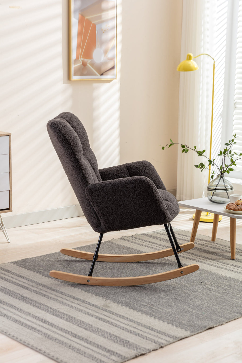050-Teddy Fabric Rocking Gilder Nursery Chair For Living Room Indoor,Dark Gray