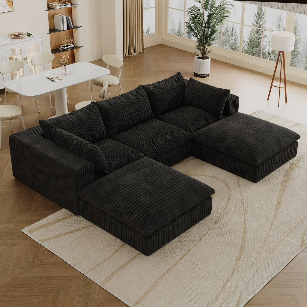 118.2' Cloud Sofa,Corduroy Fabric,Deep Seat Couches,Double-layer design,Removable Cushion,No Assembly, DIY Combination for Living room, Bedroom,Conference room ,Apartment,Black