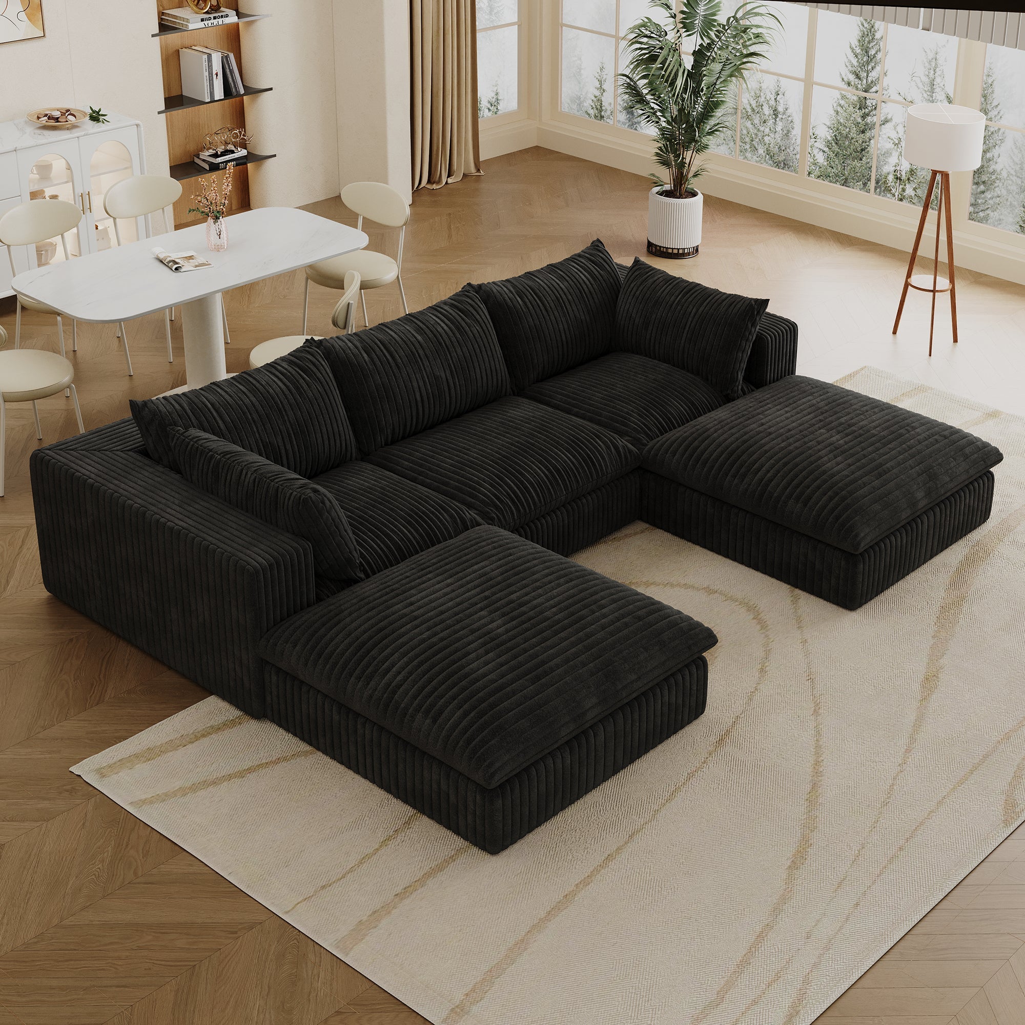 118.2' Cloud Sofa,Corduroy Fabric,Deep Seat Couches,Double-layer design,Removable Cushion,No Assembly, DIY Combination for Living room, Bedroom,Conference room ,Apartment,Black