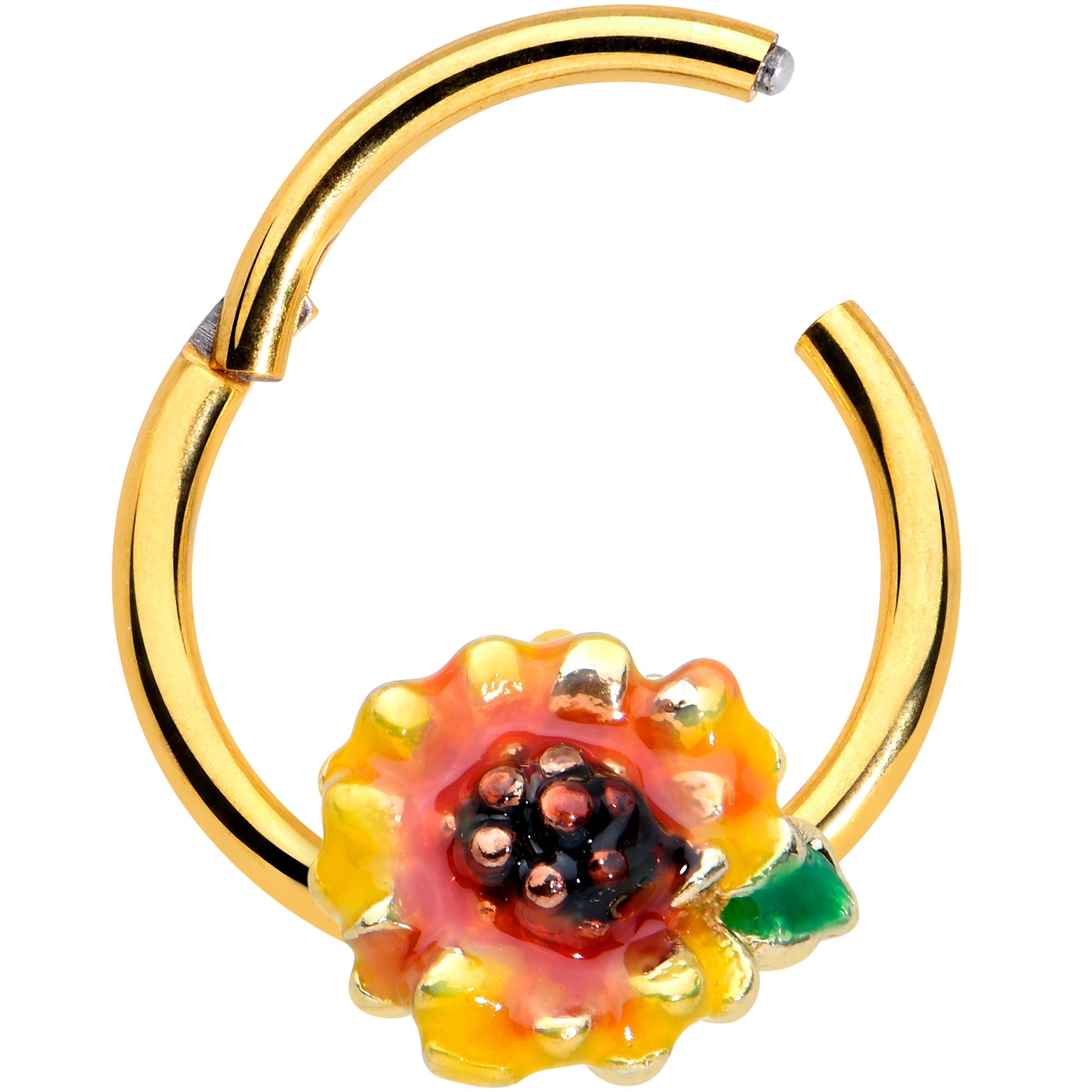 16G 3/8 Gold Tone Summer Sunflower Hinged Segment Ring