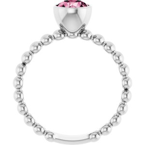 14K White Gold Natural Pink Tourmaline Family Beaded Stackable Ring