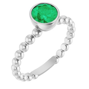 14K White Gold Natural Emerald Family Beaded Stackable Ring