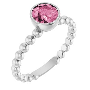 14K White Gold Natural Pink Tourmaline Family Beaded Stackable Ring