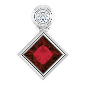 14K White Gold 4x4 mm Square Natural Mozambique Garnet & .03 CT Natural Diamond Pendant
