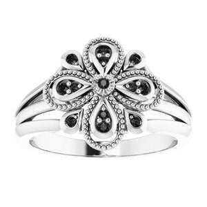 Sterling Silver Natural Black Spinel Floral Ring
