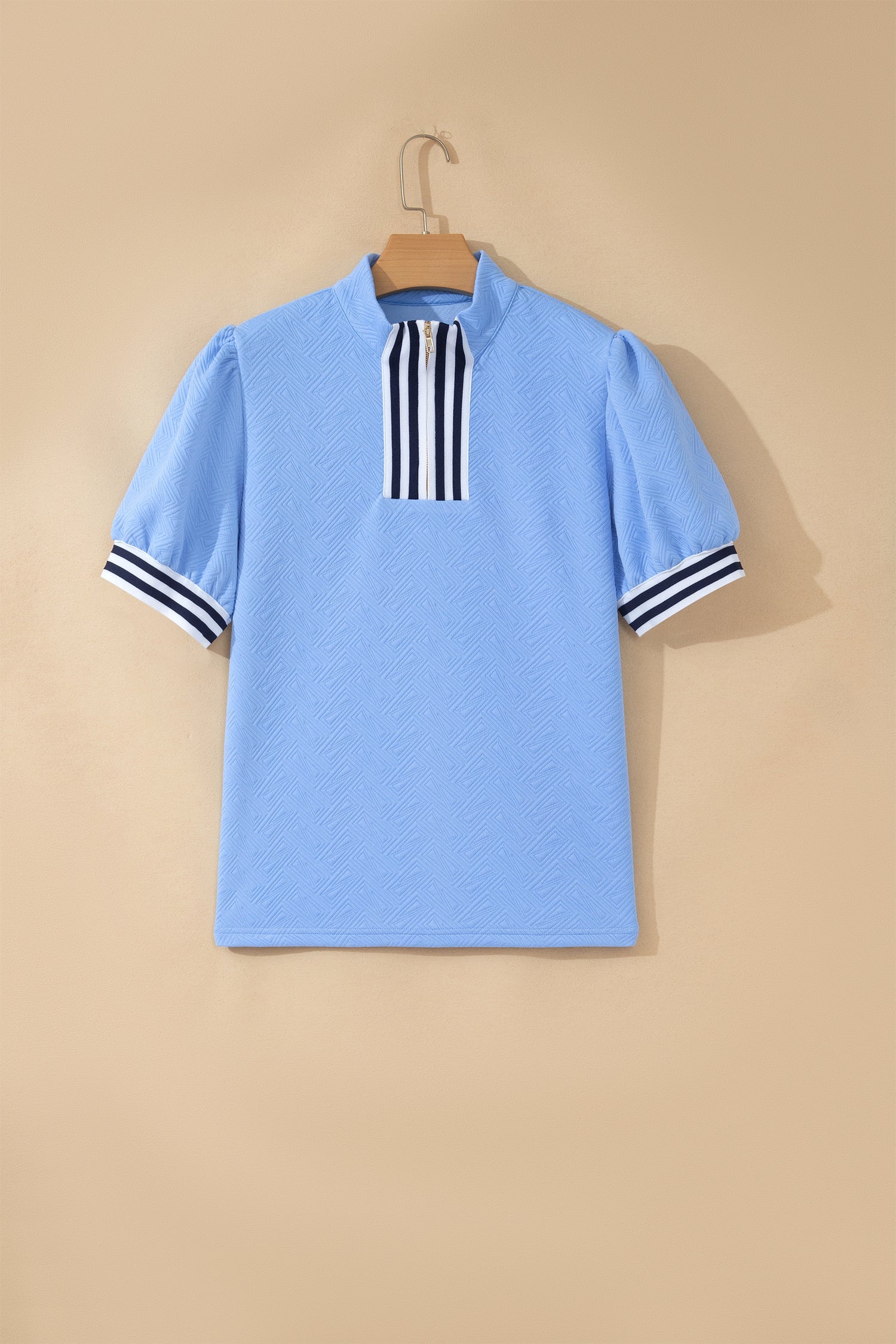 Stripe Trim Split Neck Puff Sleeve Textured Top