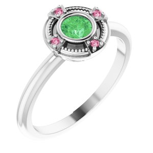14K White Gold Natural Tsavorite Garnet & Natural Pink Tourmaline Compass Ring