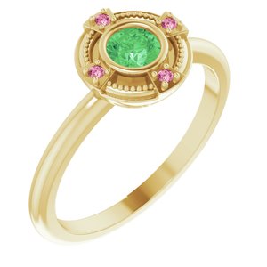 14K Yellow Gold Natural Tsavorite Garnet & Natural Pink Tourmaline Compass Ring