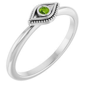 14K White Gold Natural Peridot Stackable Evil Eye Ring