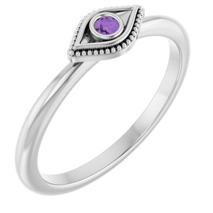 14K White Gold Natural Amethyst Stackable Evil Eye Ring