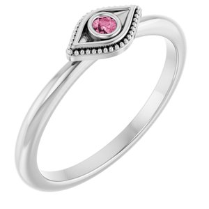 14K White Gold Natural Pink Tourmaline Stackable Evil Eye Ring