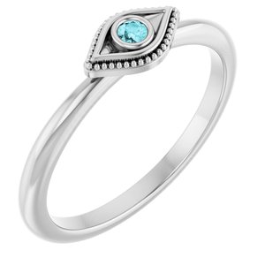 14K White Gold Natural Blue Zircon Stackable Evil Eye Ring