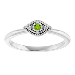 14K White Gold Natural Peridot Stackable Evil Eye Ring