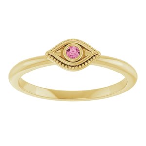 14K Yellow Gold Natural Pink Tourmaline Stackable Evil Eye Ring