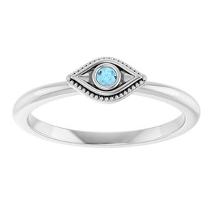 14K White Gold Natural Aquamarine Stackable Evil Eye Ring