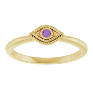 14K Yellow Gold Natural Amethyst Stackable Evil Eye Ring