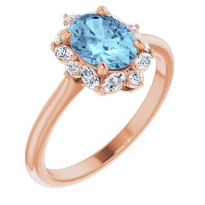 14K Rose Gold Natural Aquamarine & 1/3 CTW Natural Diamond Halo-Style Ring