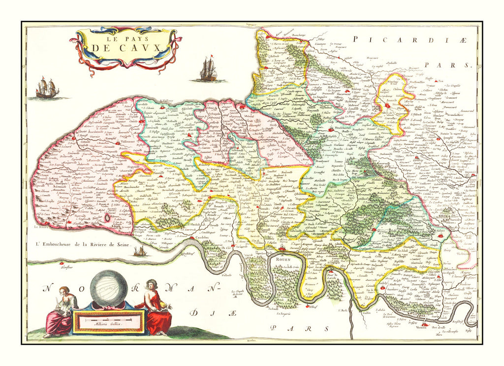 Vintage Map of Pays de Caux, France 1665