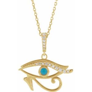 14K Yellow Gold Natural Turquoise & .08 CTW Natural Diamond Eye of Horus 16-18" Necklace