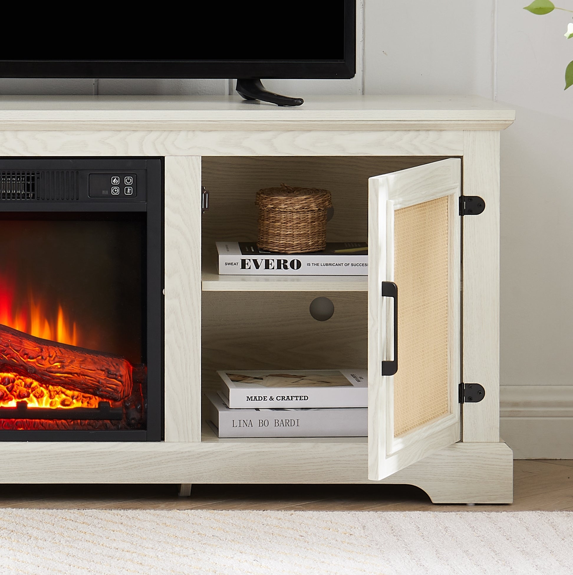 Natural Rattan Door Cabinet with Adjustable Shelf Wood, Farmhouse Rattan TV Stand Console Table for TVs up to 70 Inches, Storage tv stand with 23' fireplace insert, 65'W*15.55'D*23.86'H, White