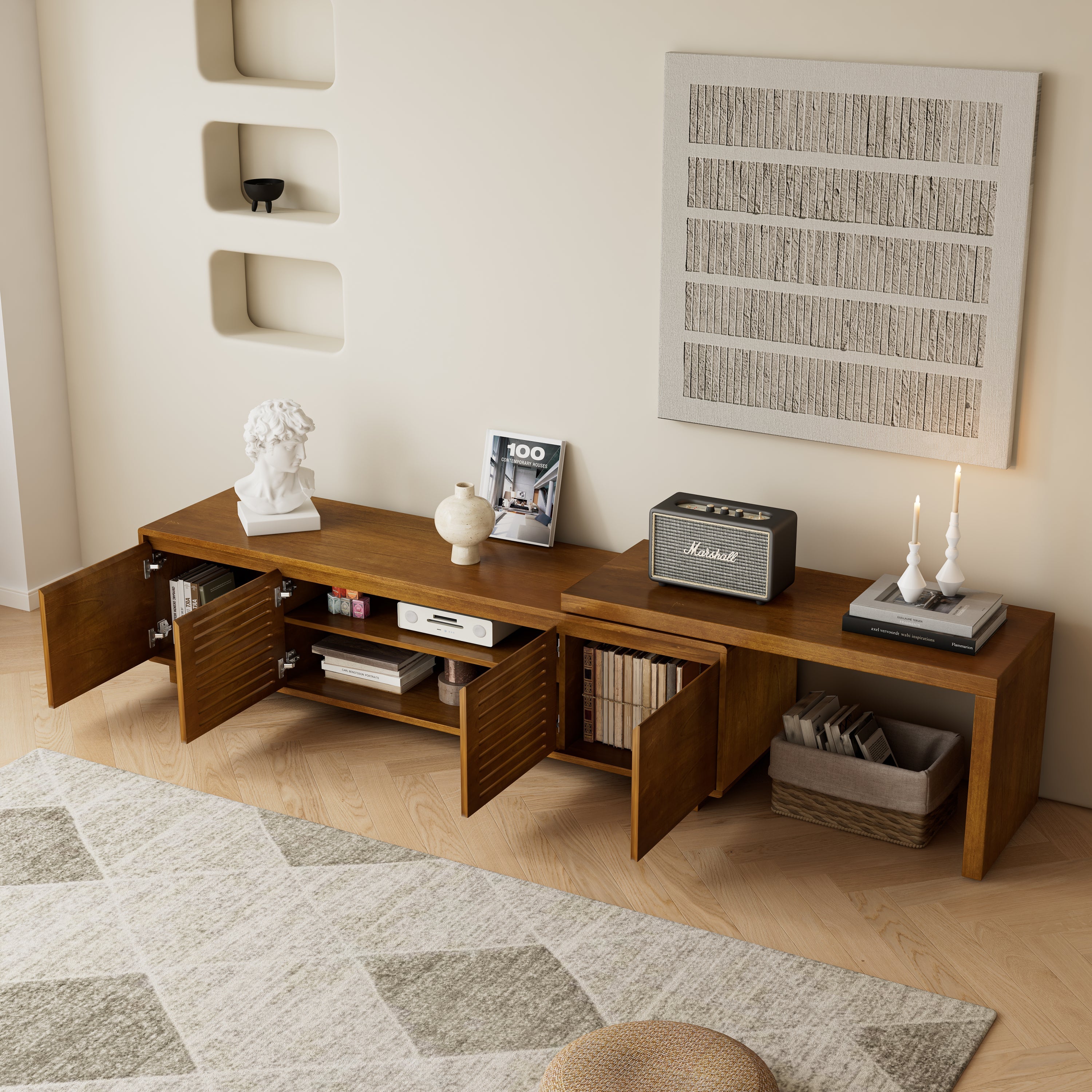 63' Mid-Century Modern Extendable TV Stand for TVs up to 75', Media Console TV Cabinet for Living Room, Farmhouse Entertainment Cabinet with Storage & Adjustable Panel