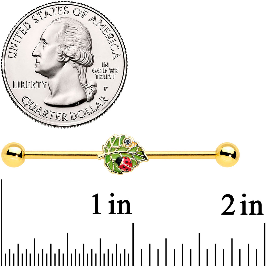 14G Clear Gem Gold Tone Leafy Ladybug Industrial Barbell 38mm
