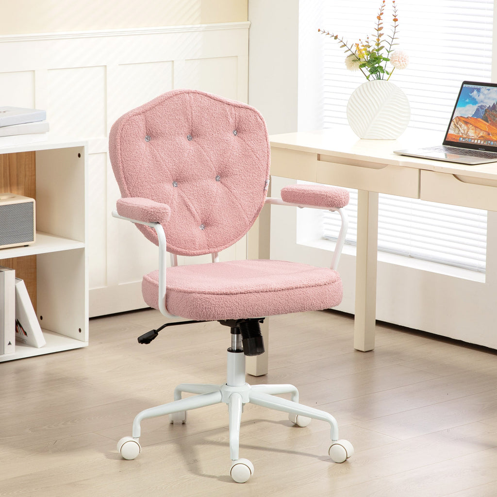 HOMCOM Cute Home Office Chair, Computer Desk Chair with Button Tufted Teddy Bear Fleece, Swivel Vanity Chair, Pink