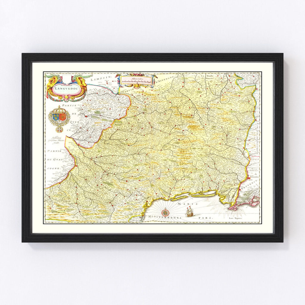 Vintage Map of Languedoc, France 1665