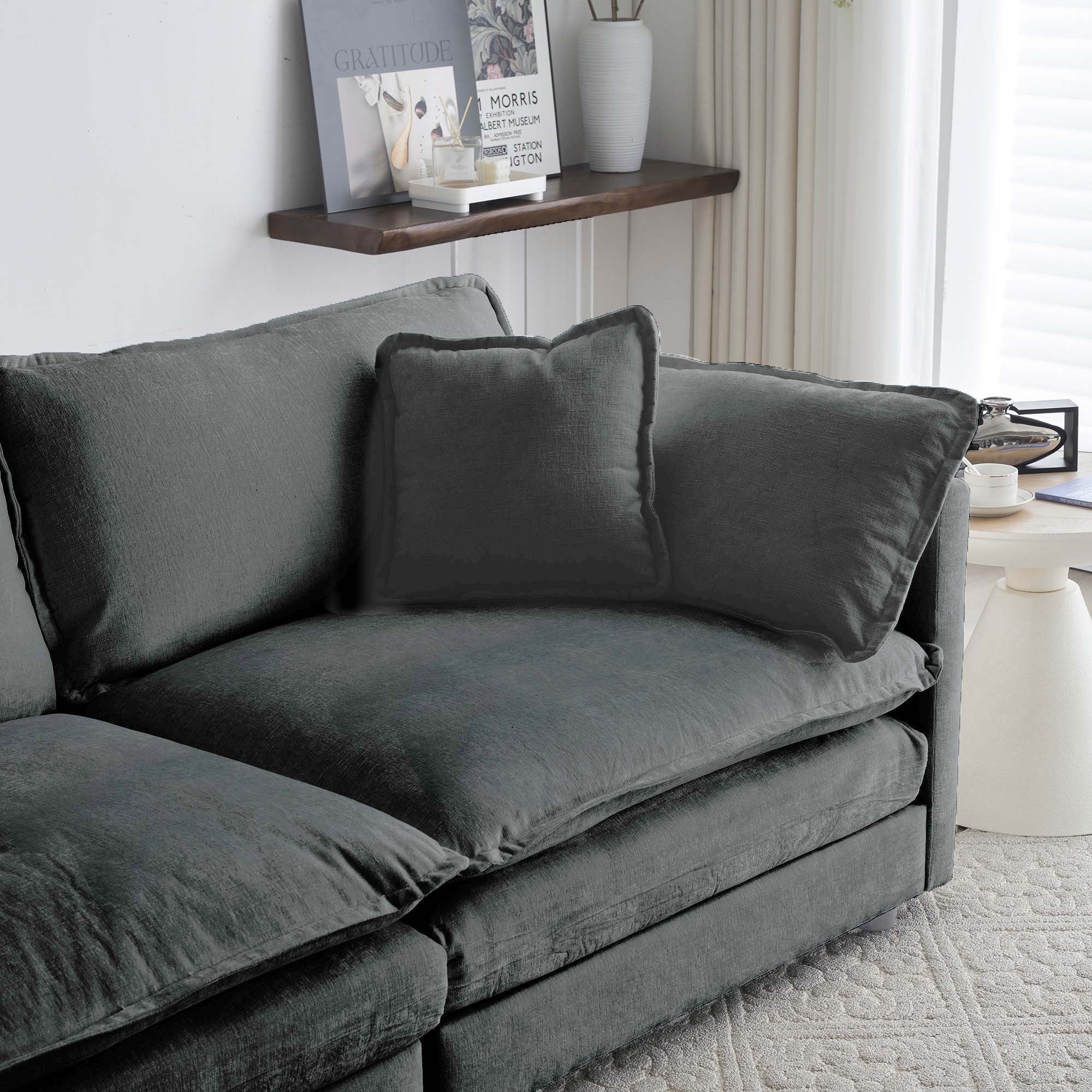Mid-Century Modern Couch 3-Seater Sofa with 2 Armrest Pillows and 3 Toss Pillows, Couch for Living Room Gray Chenille