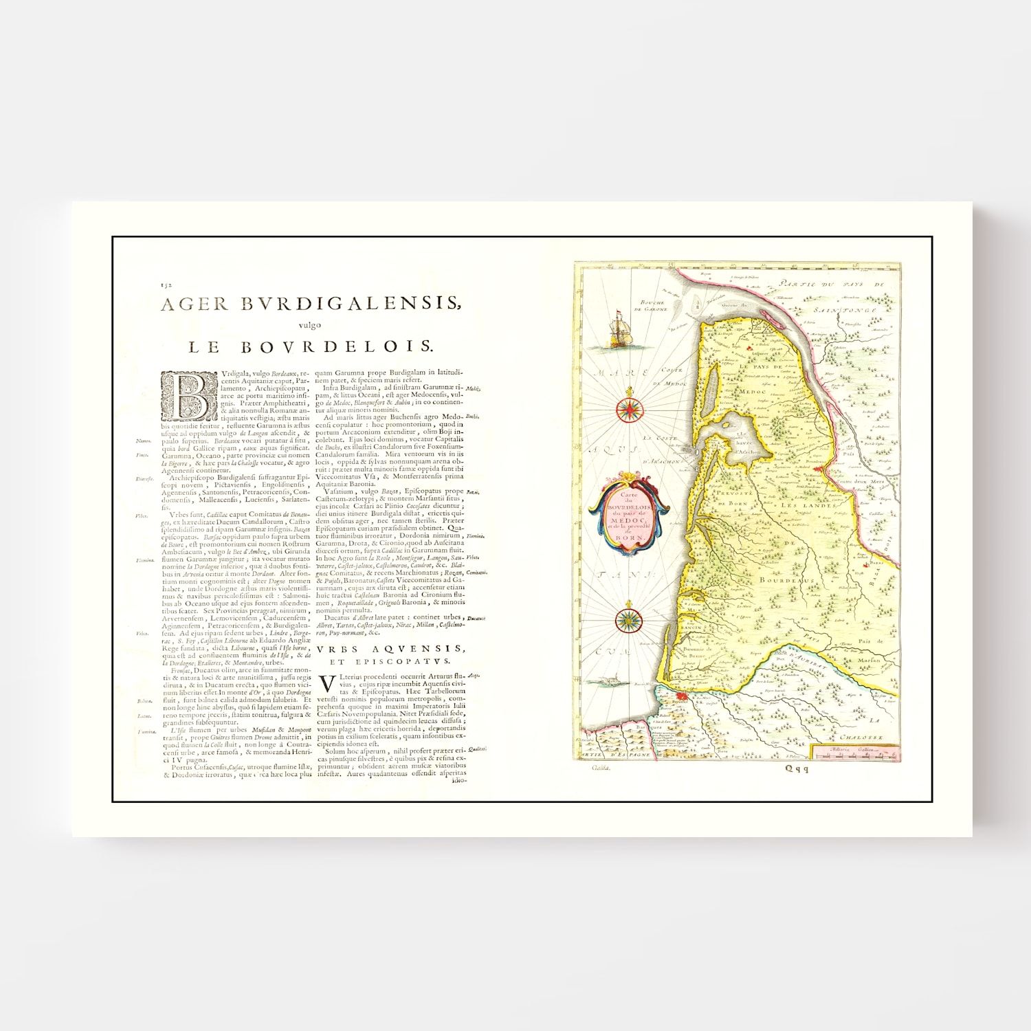 Vintage Map of Bordeaux, France 1665