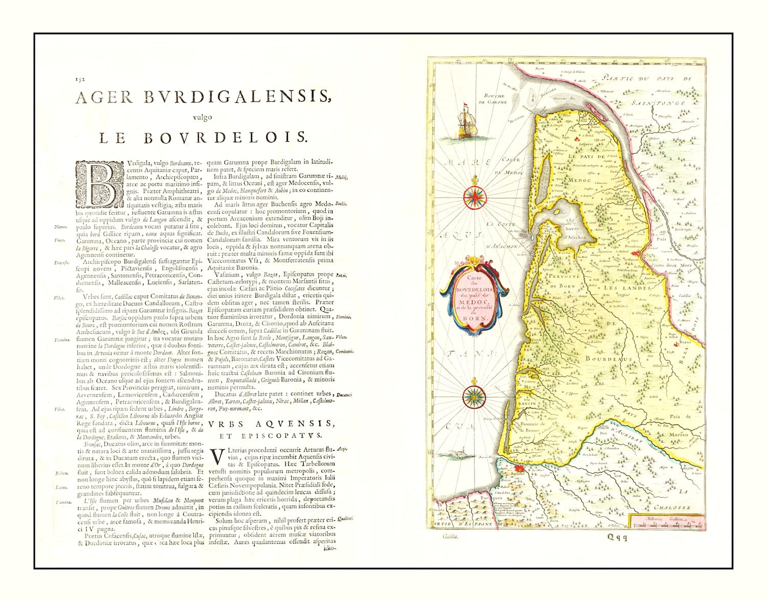Vintage Map of Bordeaux, France 1665