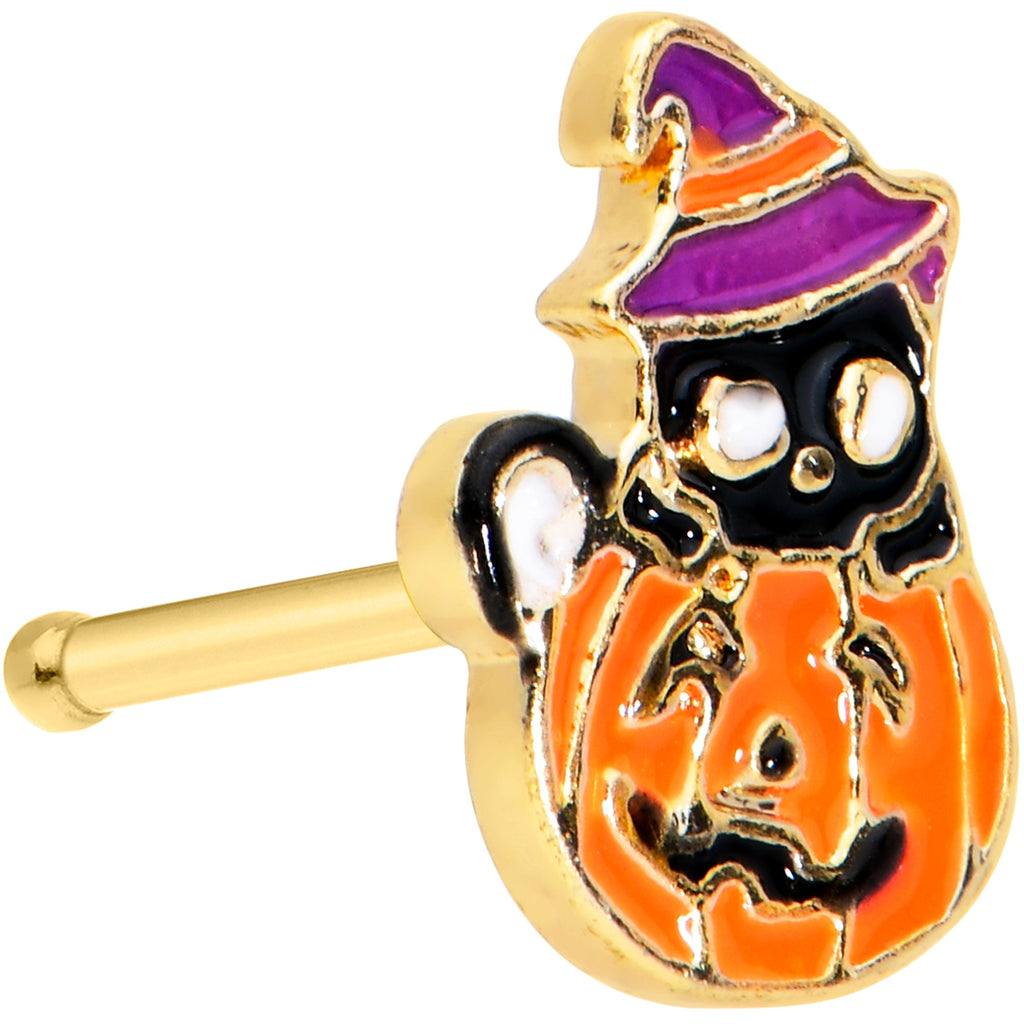 20G 1/4 Gold Tone Pumpkin Black Cat Witch Halloween Nose Bone