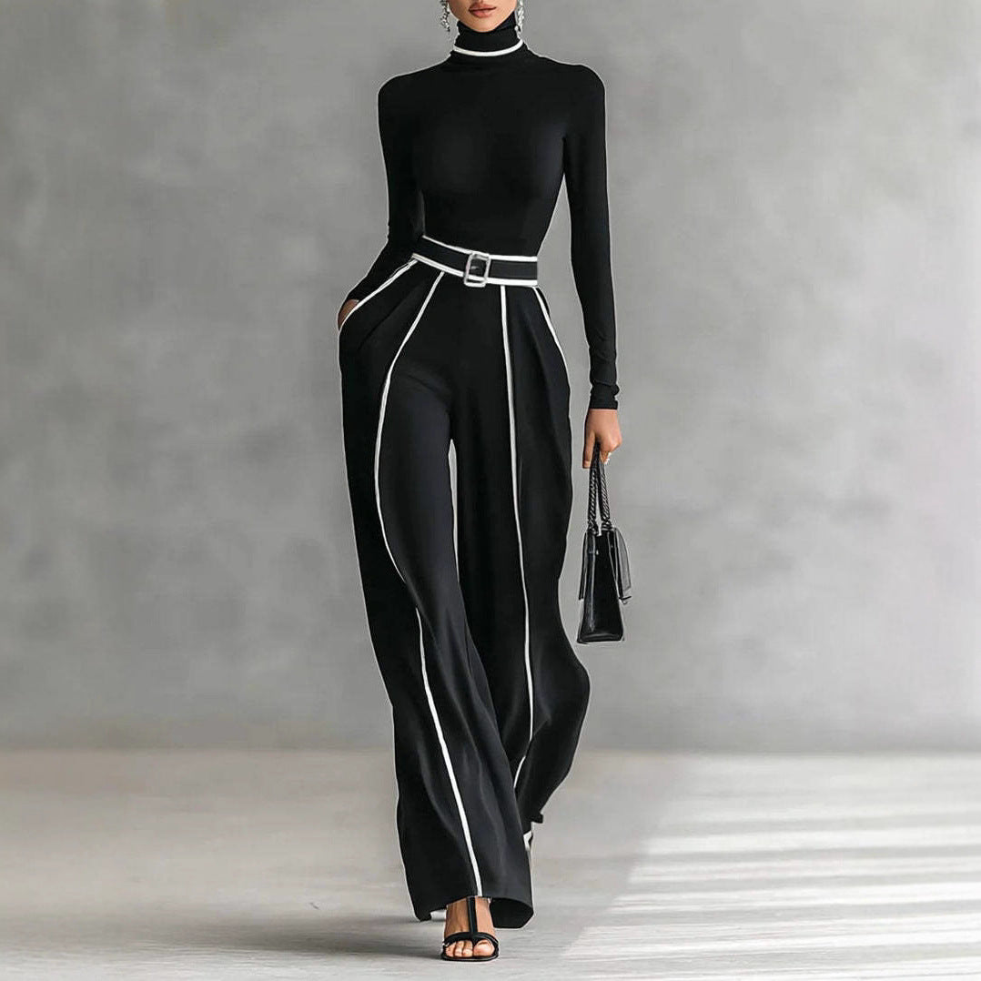 Women's Creative Elegant Stand Collar Contrast Color Binding Long-sleeved Knitted Wide-leg Pants Suit (see size chart under more details)
