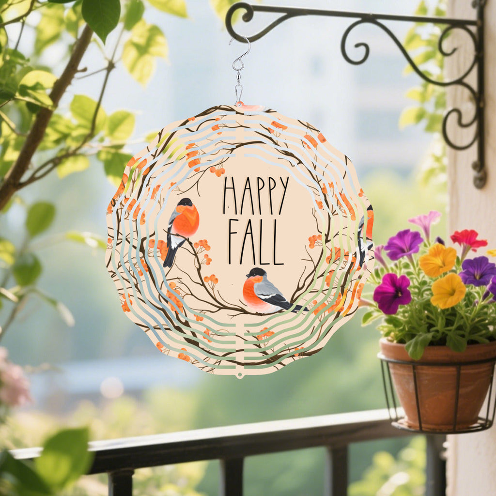 Happy Fall with Orange Birds Tree Branches 3D Wind Spinner Outdoor Decor