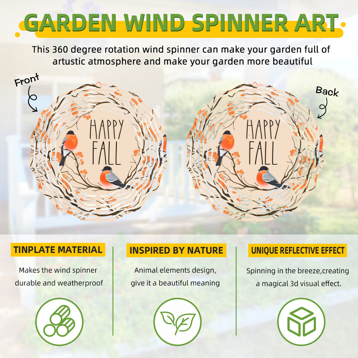 Happy Fall with Orange Birds Tree Branches 3D Wind Spinner Outdoor Decor