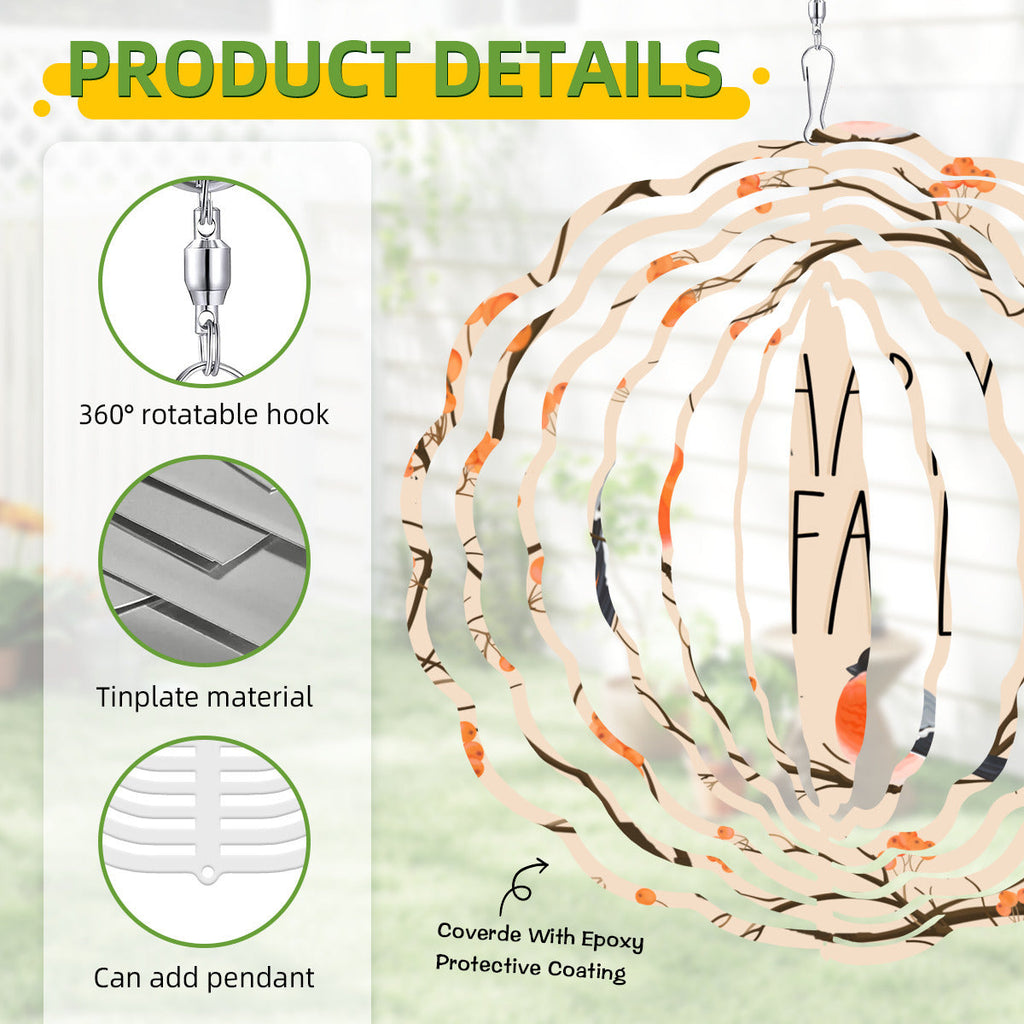 Happy Fall with Orange Birds Tree Branches 3D Wind Spinner Outdoor Decor