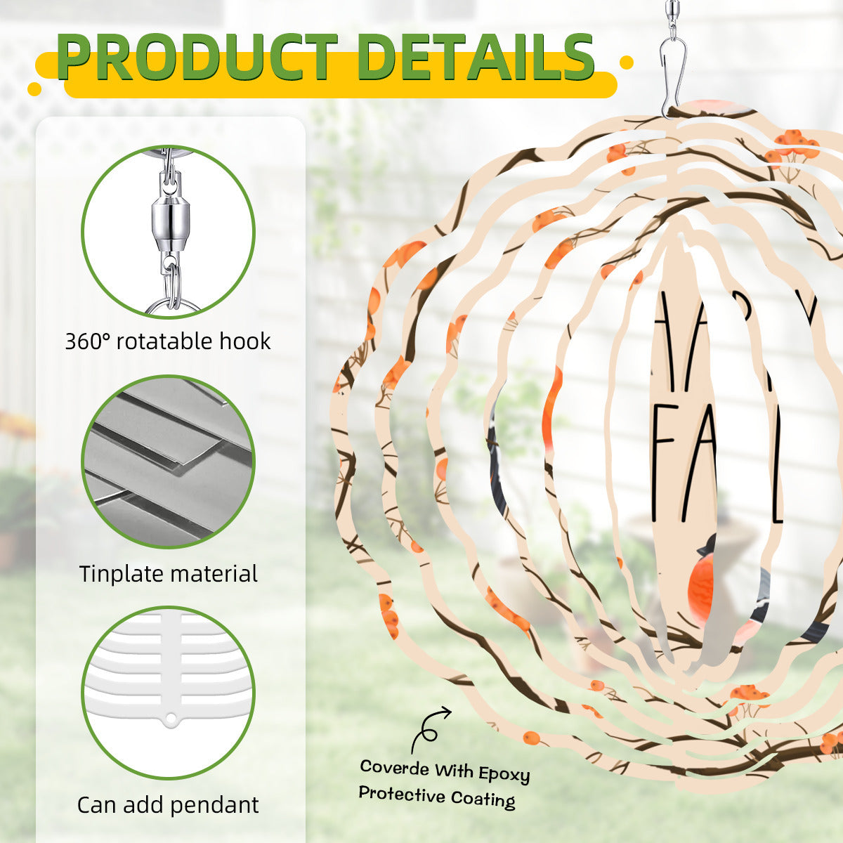 Happy Fall with Orange Birds Tree Branches 3D Wind Spinner Outdoor Decor