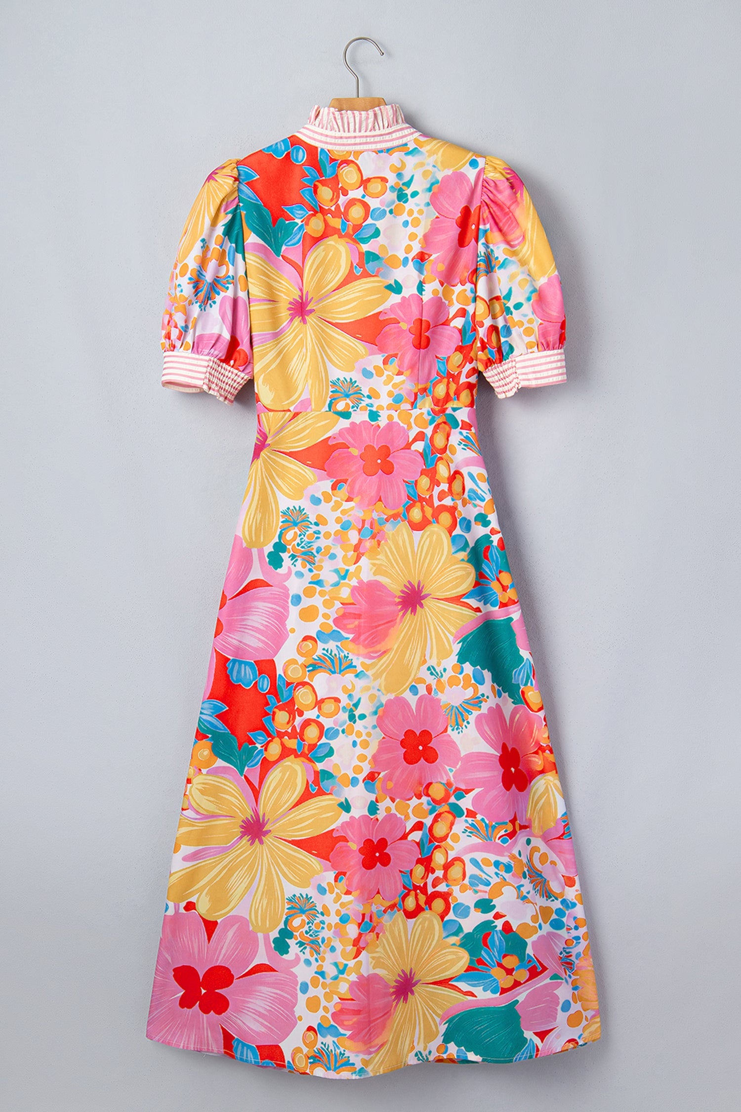 Floral Stripe Trim Puff Sleeve Buttoned Maxi Dress