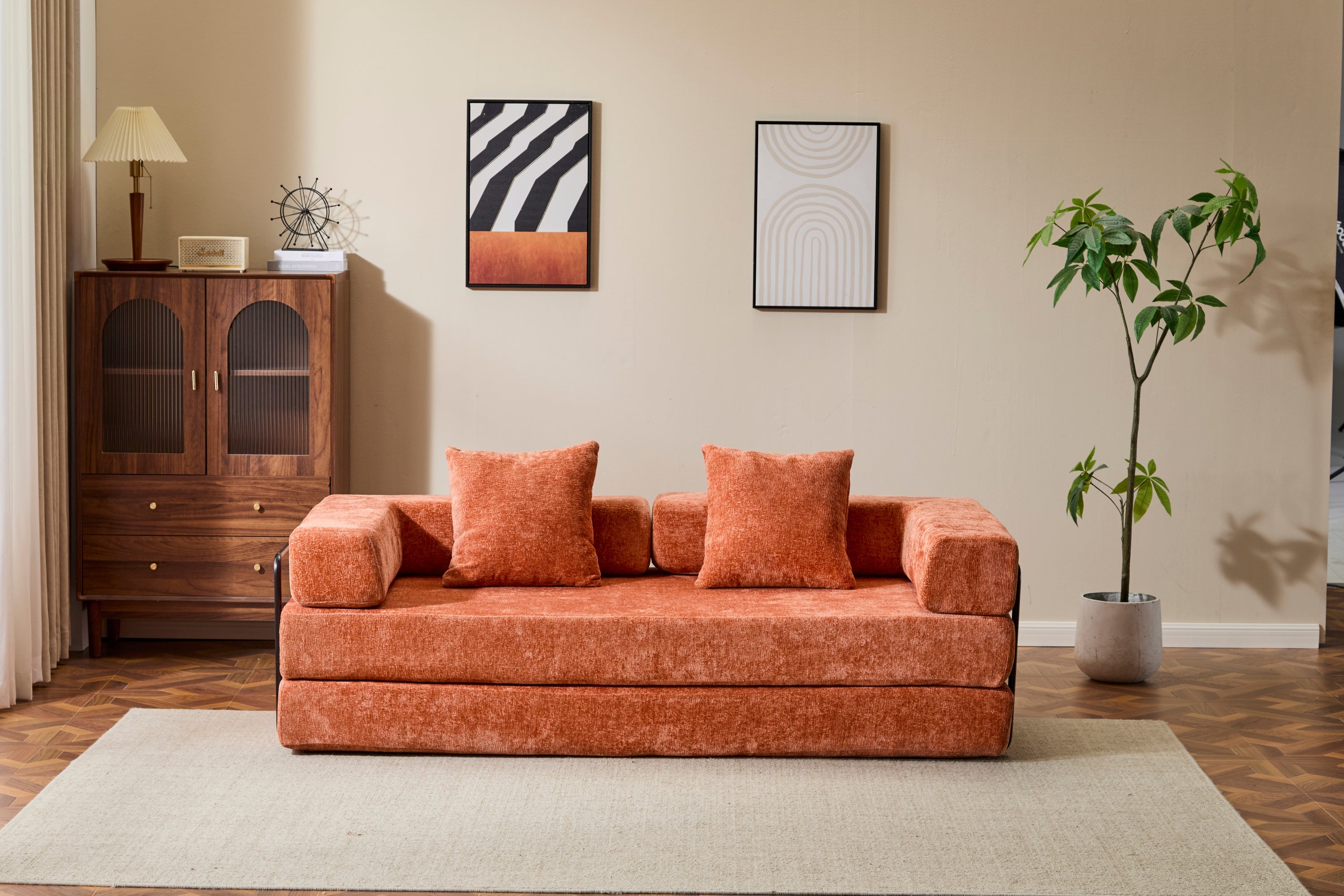 Floor Couch,Compression Sofa,Convertible Floor Sofa Bed-with Pillow Back Support Armrest,Comfy Futon Couch Lounge Sleeper Bed,chenille fabric,for Living Room Bedroom (orange)