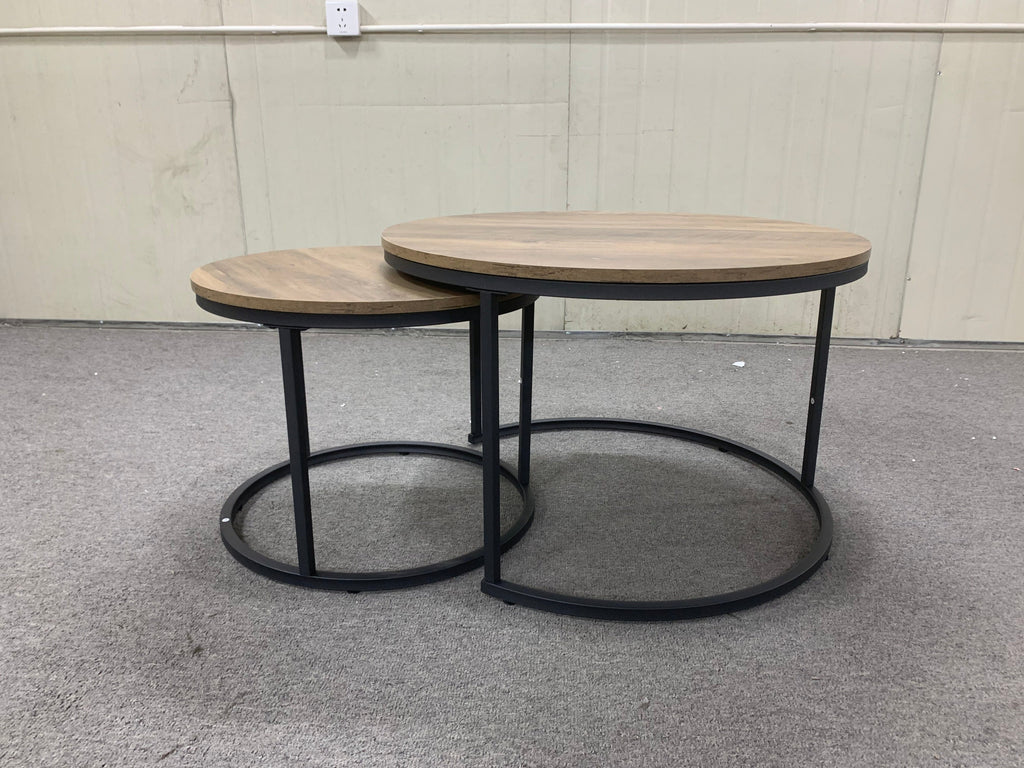 Nesting Coffee Table Set of 2, 27.6inch Round Coffee Table Industrial Wood Finish with Sturdy Metal Frame, End Table Side Tables for Living Room Bedroom Balcony Yard (Brown)