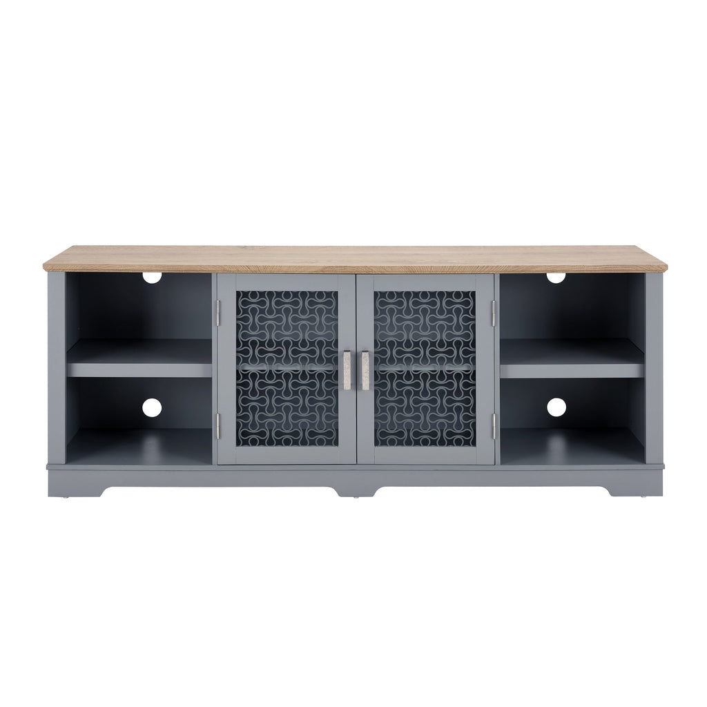 Modern Farmhouse TV Media Stand, Large Home Entertainment Console, for TV Up to 80'', with Open Shelves and Glass Door Cabinets, Light Blue and Light Oak, 70'W*15.55'D*26.85'H