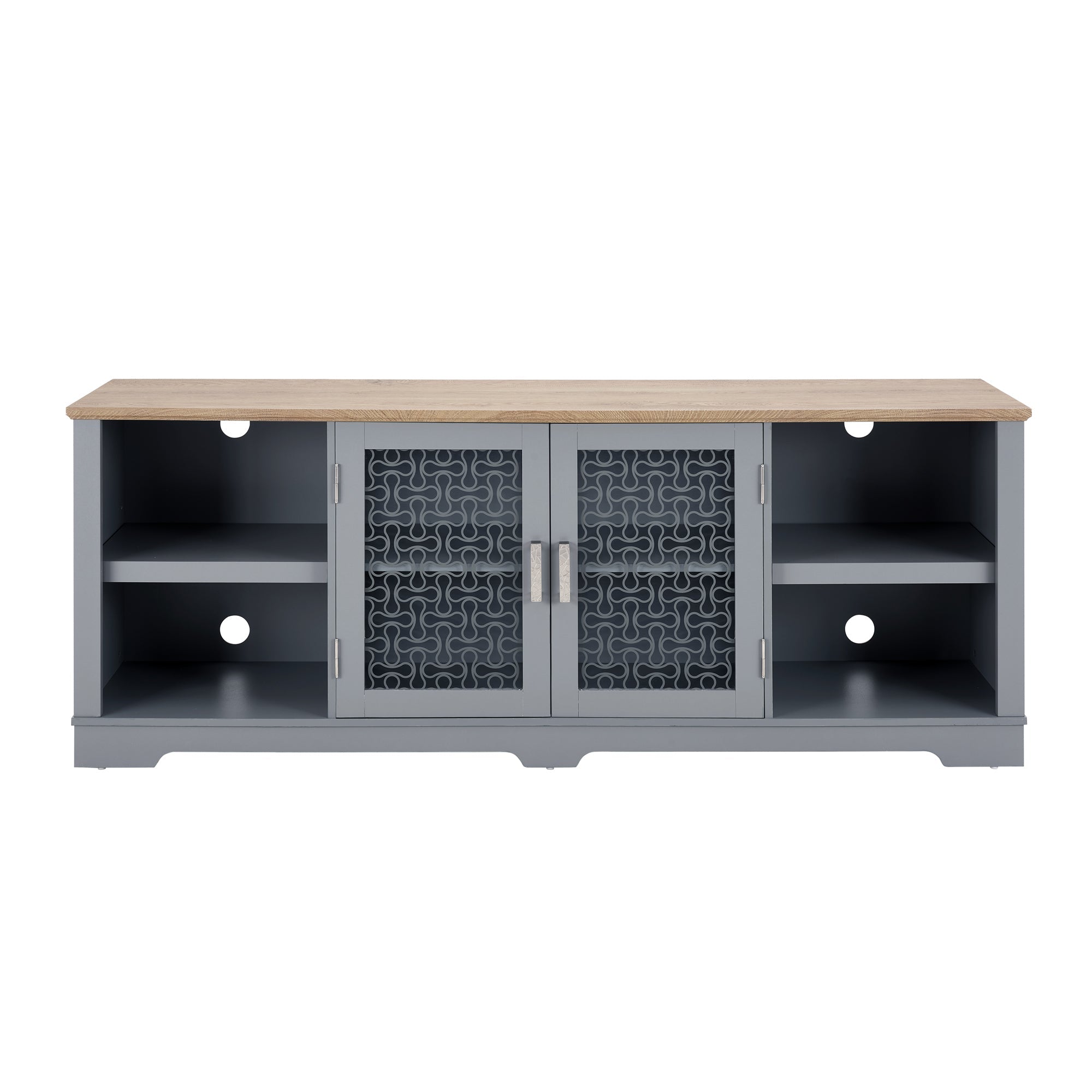 Modern Farmhouse TV Media Stand, Large Home Entertainment Console, for TV Up to 80'', with Open Shelves and Glass Door Cabinets, Light Blue and Light Oak, 70'W*15.55'D*26.85'H