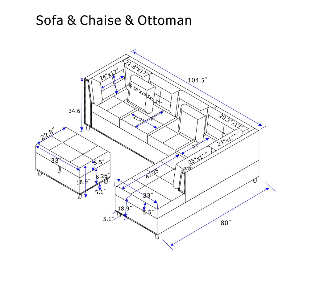 104.5' Upholstered Sofa,Chaise & Ottoman , Gray